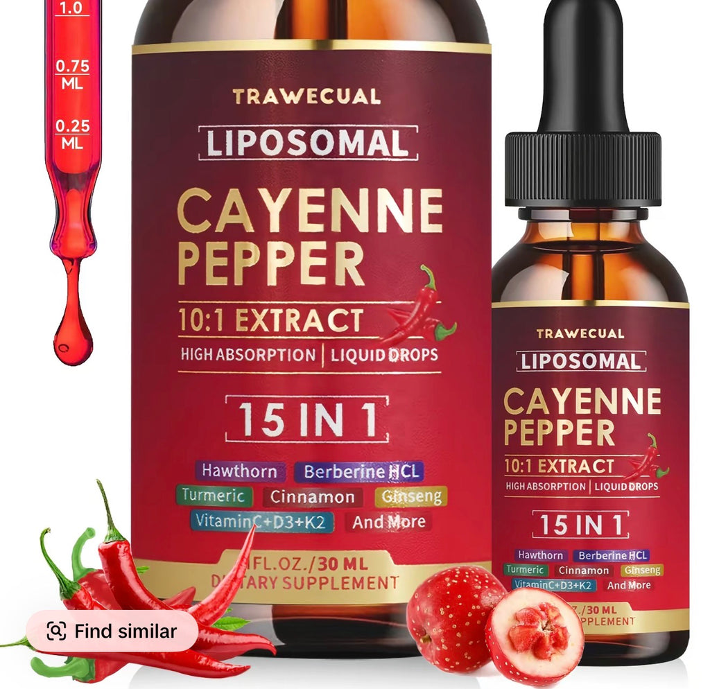 Trawecual Liposomal Cayenne Pepper Drops | 15-in-1 with Berberine, D3+K2, Turmeric & Beet Root | Boosts Metabolism, Energy & Circulation - Fast Absorption 30ml