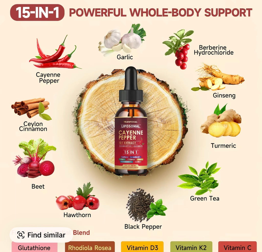 Trawecual Liposomal Cayenne Pepper Drops | 15-in-1 with Berberine, D3+K2, Turmeric & Beet Root | Boosts Metabolism, Energy & Circulation - Fast Absorption 30ml