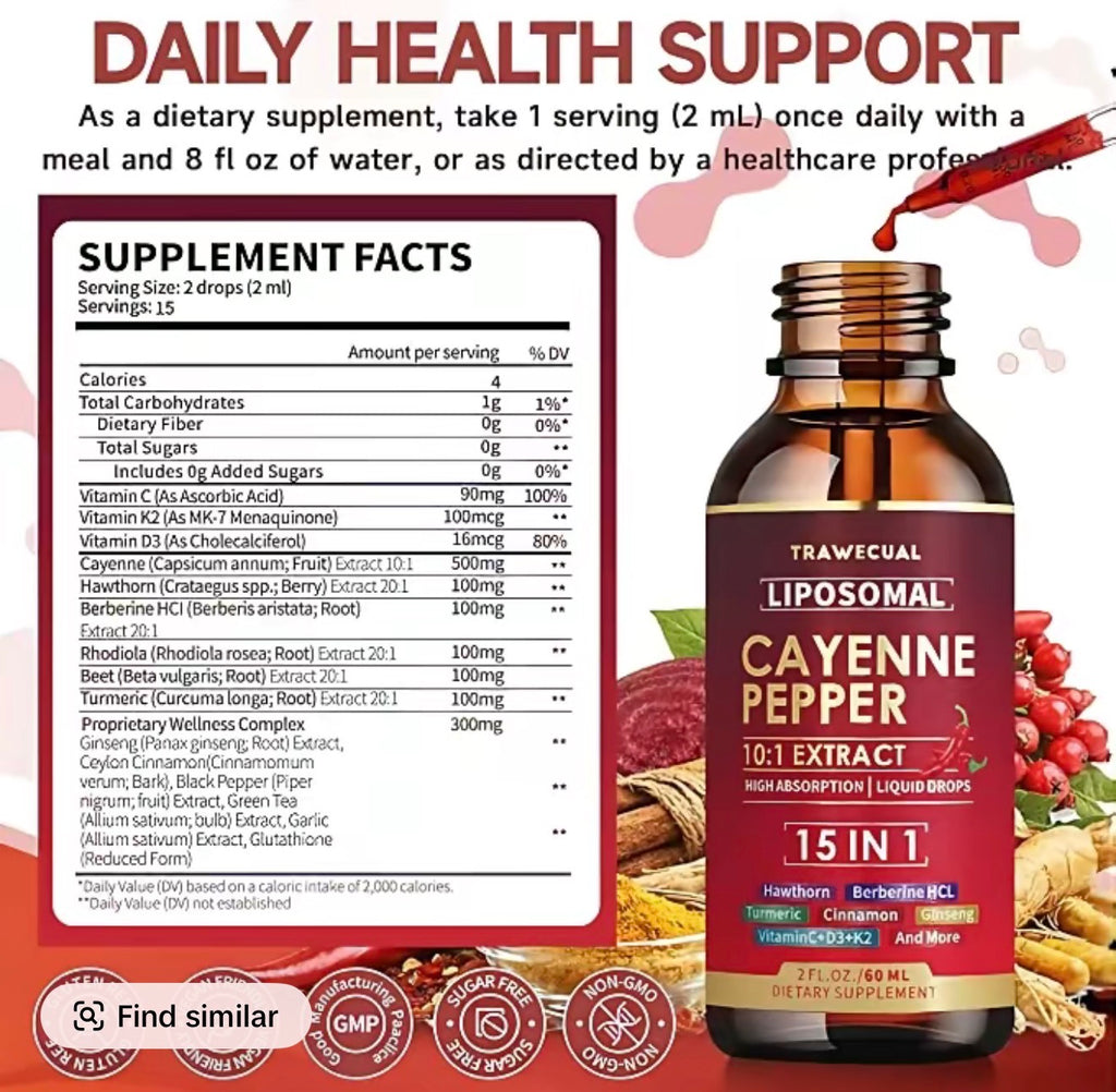 Trawecual Liposomal Cayenne Pepper Drops | 15-in-1 with Berberine, D3+K2, Turmeric & Beet Root | Boosts Metabolism, Energy & Circulation - Fast Absorption 30ml