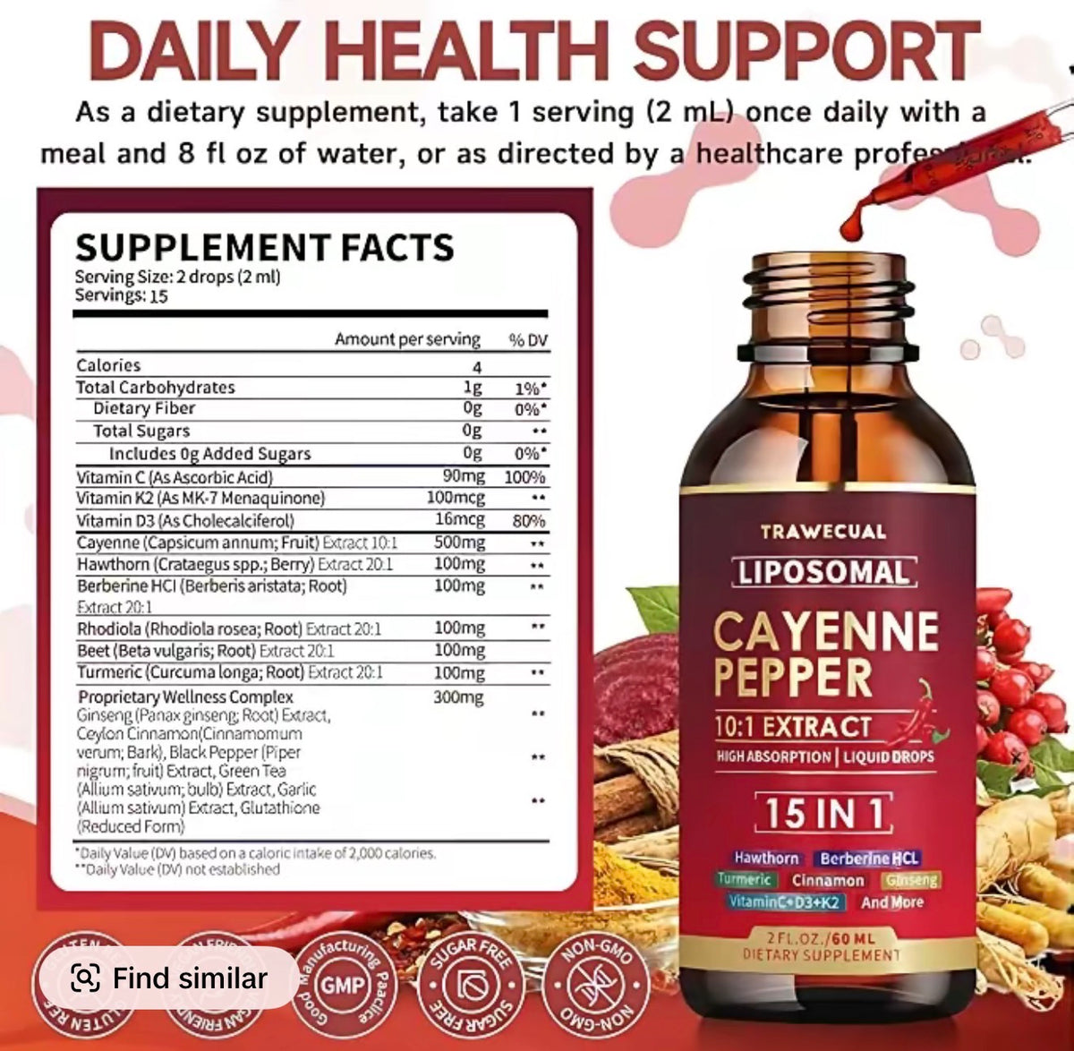 Trawecual Liposomal Cayenne Pepper Drops | 15-in-1 with Berberine, D3+K2, Turmeric & Beet Root | Boosts Metabolism, Energy & Circulation - Fast Absorption 30ml
