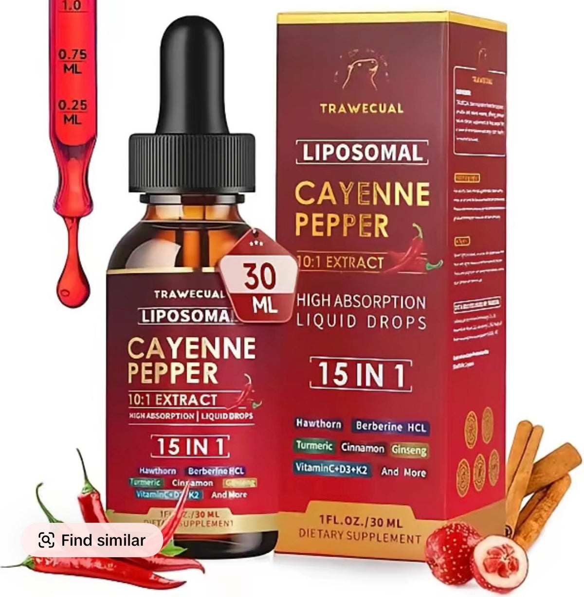 Trawecual Liposomal Cayenne Pepper Drops | 15-in-1 with Berberine, D3+K2, Turmeric & Beet Root | Boosts Metabolism, Energy & Circulation - Fast Absorption 30ml