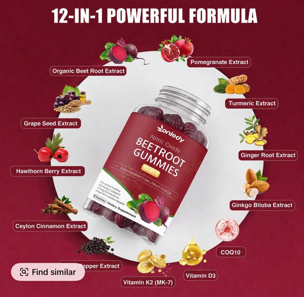Organic Beet Root Gummies - 12-in-1 Nitric Oxide Support Edible Vitamin Supplement, Gluten-Free Wellness Formula with Raspberry, Ginger + Cayenne, Grape Seed + Turmeric, 2-Gummy Dose for Blood Flow, 60 Count Strawberry Flavor