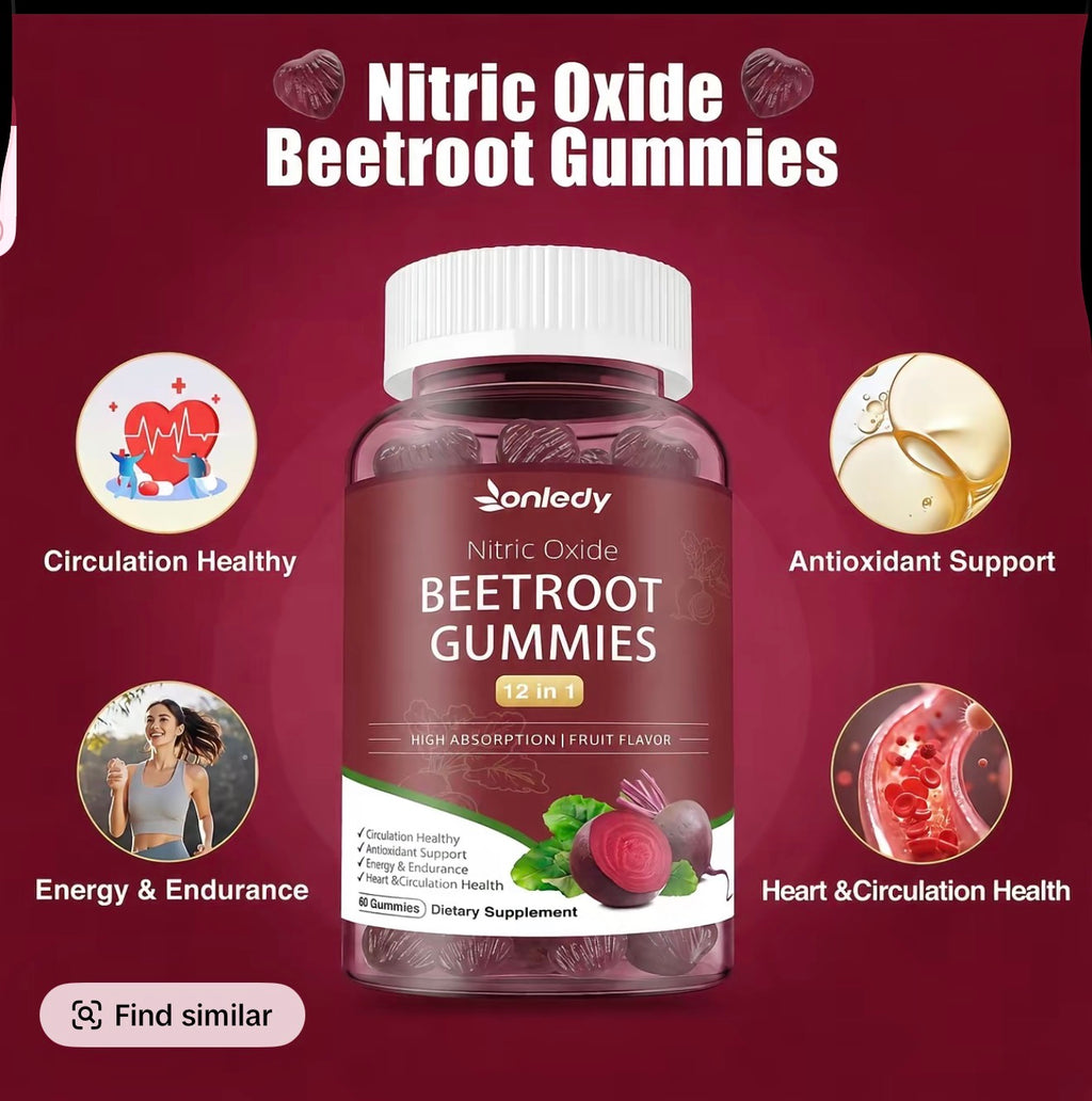 Organic Beet Root Gummies - 12-in-1 Nitric Oxide Support Edible Vitamin Supplement, Gluten-Free Wellness Formula with Raspberry, Ginger + Cayenne, Grape Seed + Turmeric, 2-Gummy Dose for Blood Flow, 60 Count Strawberry Flavor