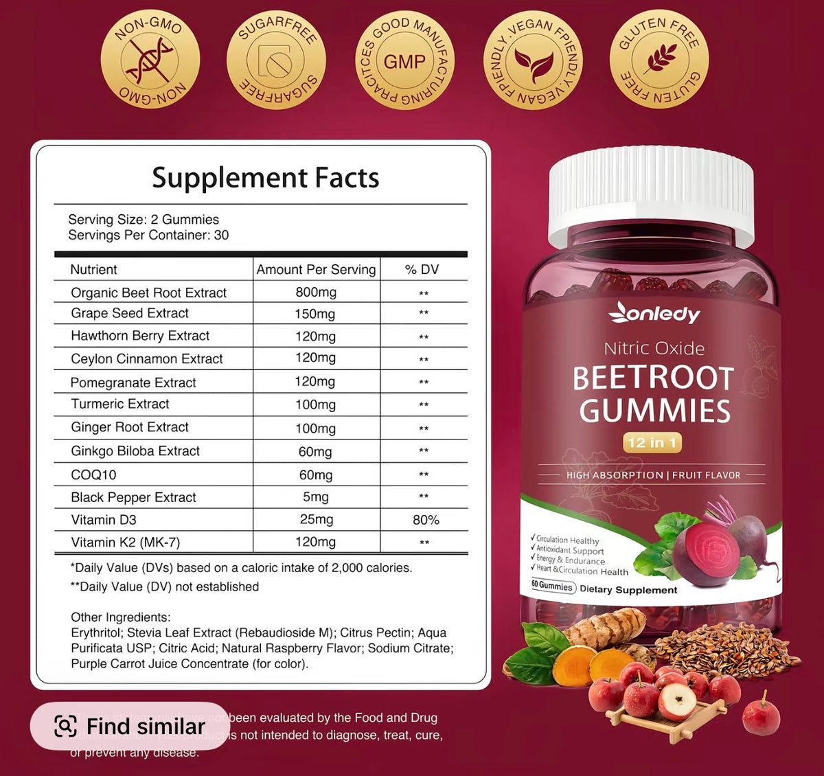 Organic Beet Root Gummies - 12-in-1 Nitric Oxide Support Edible Vitamin Supplement, Gluten-Free Wellness Formula with Raspberry, Ginger + Cayenne, Grape Seed + Turmeric, 2-Gummy Dose for Blood Flow, 60 Count Strawberry Flavor