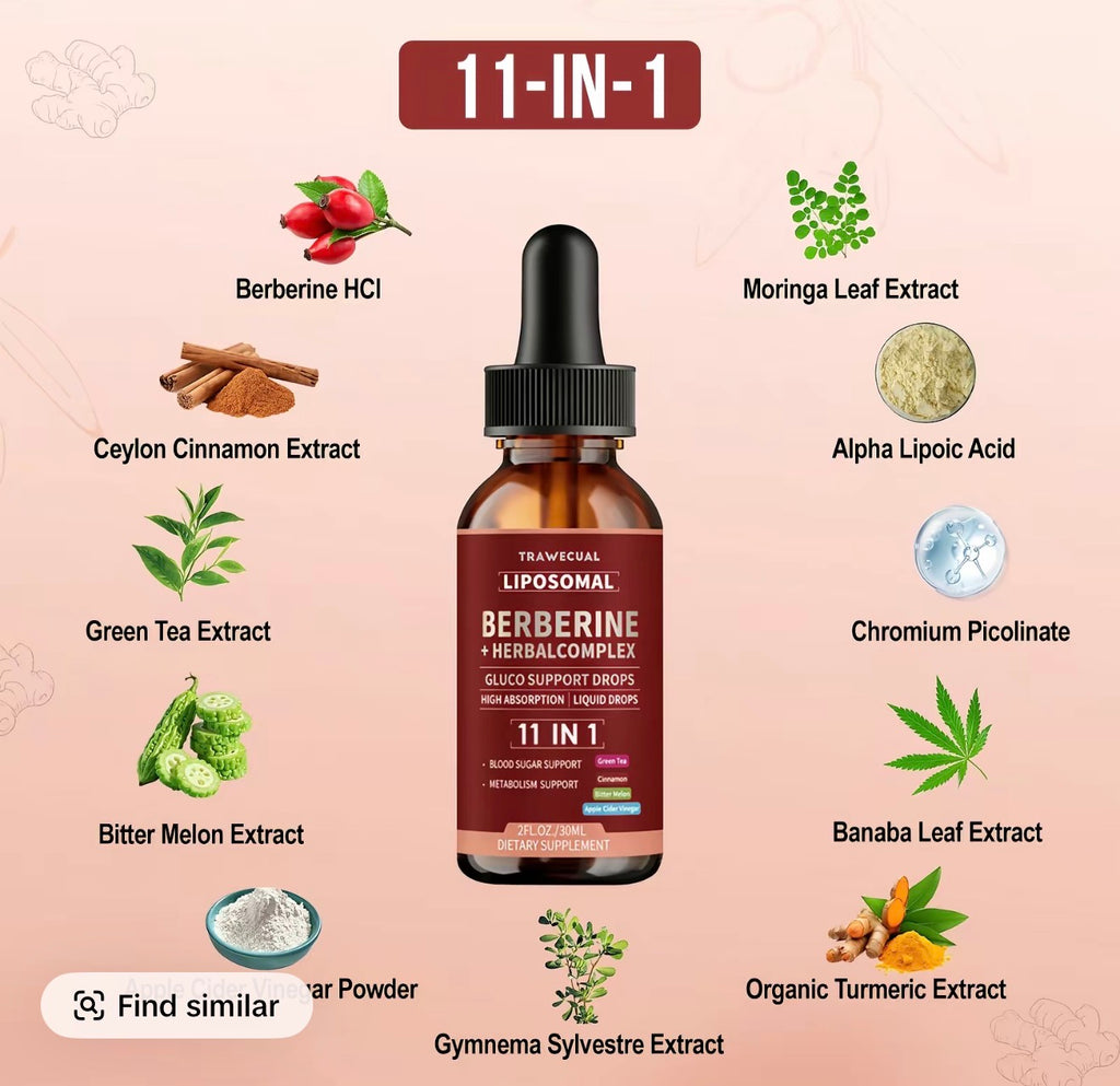11-in-1 Berberine Complex Liquid Drops - 30ML Adult Herbal Dietary Supplement with Ceylon Cinnamon + Green Tea Extract, 11-in-1 Benefits, Sugar-Craving Help, Craving Control, Metabolism & Blood Sugar Support