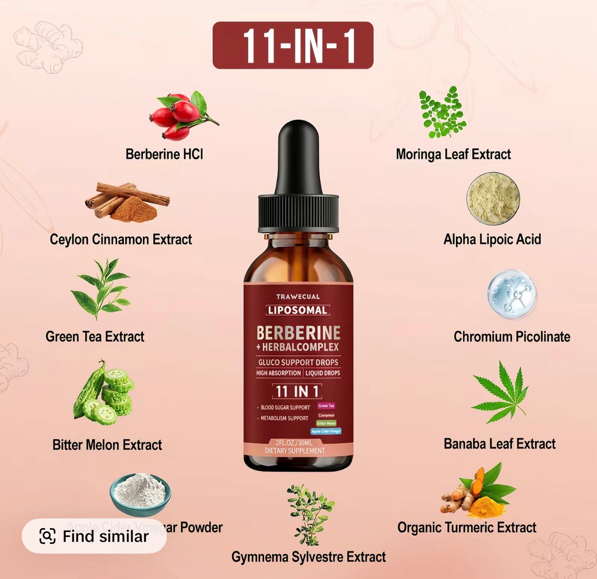 11-in-1 Berberine Complex Liquid Drops - 30ML Adult Herbal Dietary Supplement with Ceylon Cinnamon + Green Tea Extract, 11-in-1 Benefits, Sugar-Craving Help, Craving Control, Metabolism & Blood Sugar Support