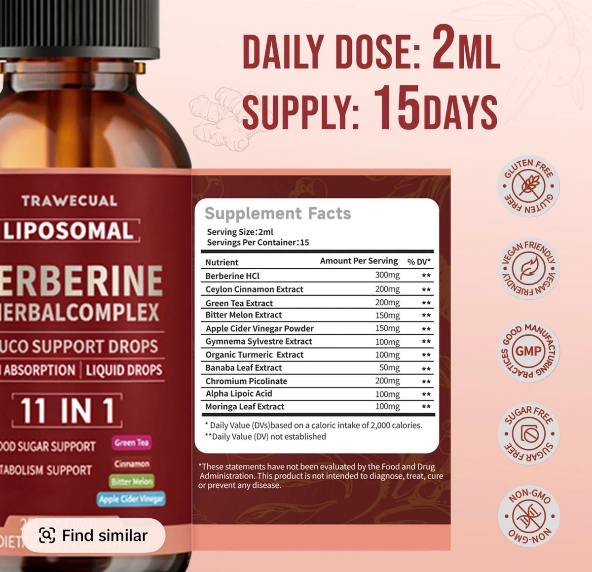11-in-1 Berberine Complex Liquid Drops - 30ML Adult Herbal Dietary Supplement with Ceylon Cinnamon + Green Tea Extract, 11-in-1 Benefits, Sugar-Craving Help, Craving Control, Metabolism & Blood Sugar Support