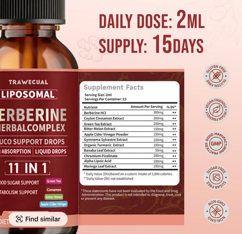 11-in-1 Berberine Complex Liquid Drops - 30ML Adult Herbal Dietary Supplement with Ceylon Cinnamon + Green Tea Extract, 11-in-1 Benefits, Sugar-Craving Help, Craving Control, Metabolism & Blood Sugar Support