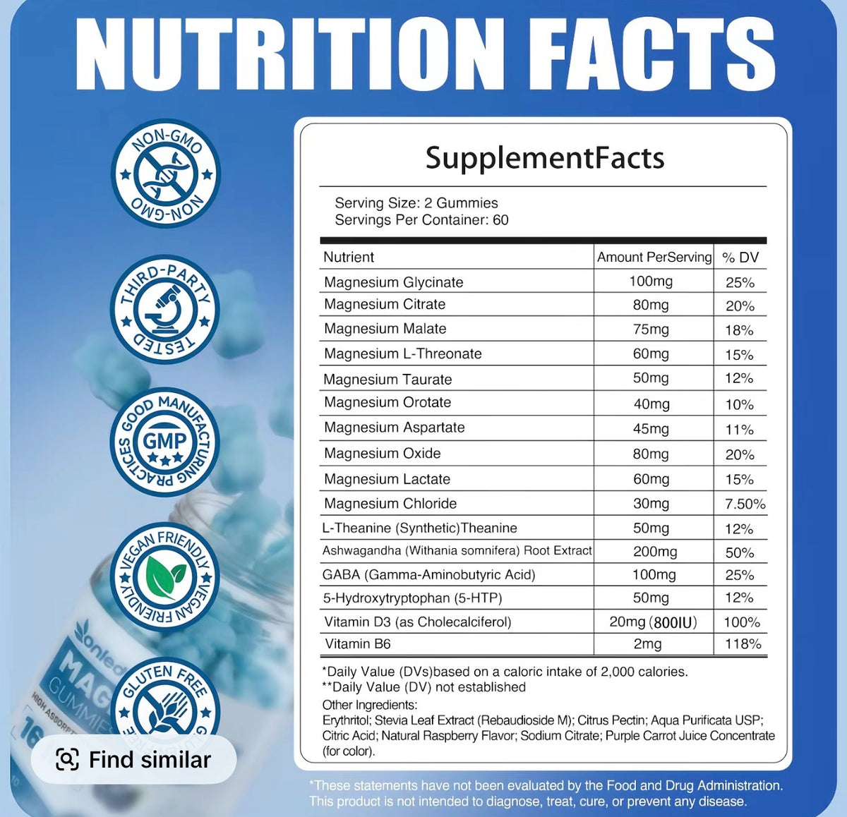 Magnesium Complex 16-in-1  Formula 10 Type of Magnesium with Ashwagandha,L-Theanine,Supports Sleep&Digest,Stress Relief,Sugar Free Gummy Fruit Flavor Daily Health Supplement Edible Dietary Healthcare