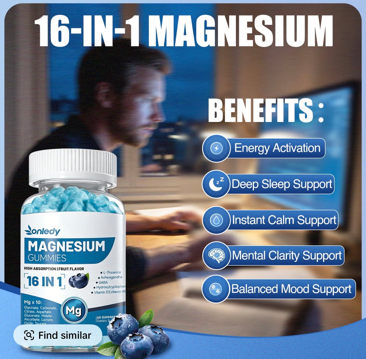 Magnesium Complex 16-in-1  Formula 10 Type of Magnesium with Ashwagandha,L-Theanine,Supports Sleep&Digest,Stress Relief,Sugar Free Gummy Fruit Flavor Daily Health Supplement Edible Dietary Healthcare