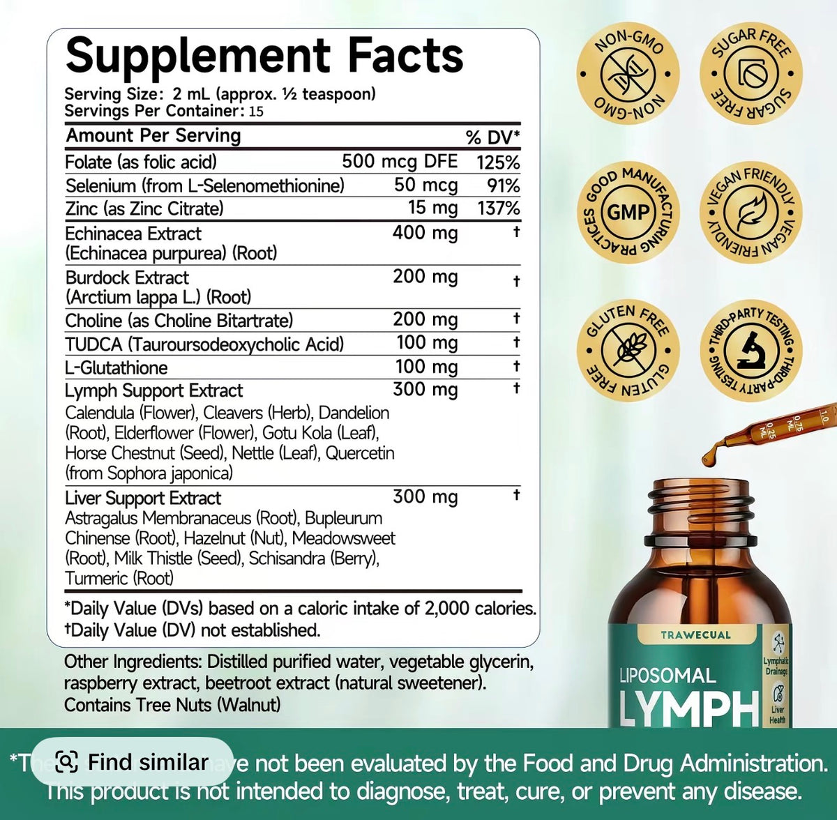23-in-1 Organic Edible Botanical Liposomal Lymphatic Drainage Drops - 1 fl oz Nutritional Detox Liquid Supplement, Natural Extracts, Minerals, Burdock Root, Echinacea, Dandelion, Raspberry, Liver Support, Convenient Storage, Detox Your Body, Prop 65 Safe